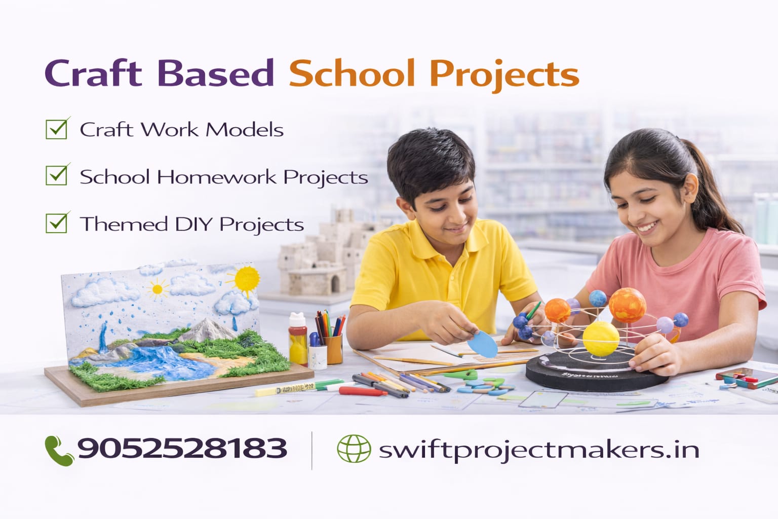 Home Children making craft-based school projects including solar system models, themed EVS projects, and handmade homework craft models created by Swift Project Help in Hyderabad