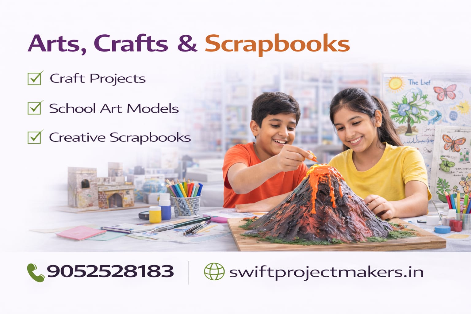 Home Children working on a school volcano craft project with art supplies, representing creative arts, crafts, school art models, and scrapbook-making services by Swift Project Help in Hyderabad.